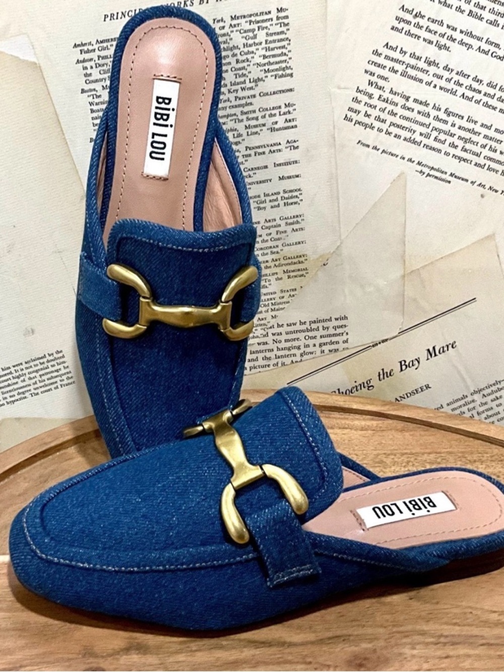 Anthropologie Bibi Lou Zagreb Slip On Loafers Denim Gold Trim - Picture 3 of 9